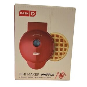 Dash Mini Maker Waffle Red 4" Cooking‎ Surface NonStick 350 Watts New
